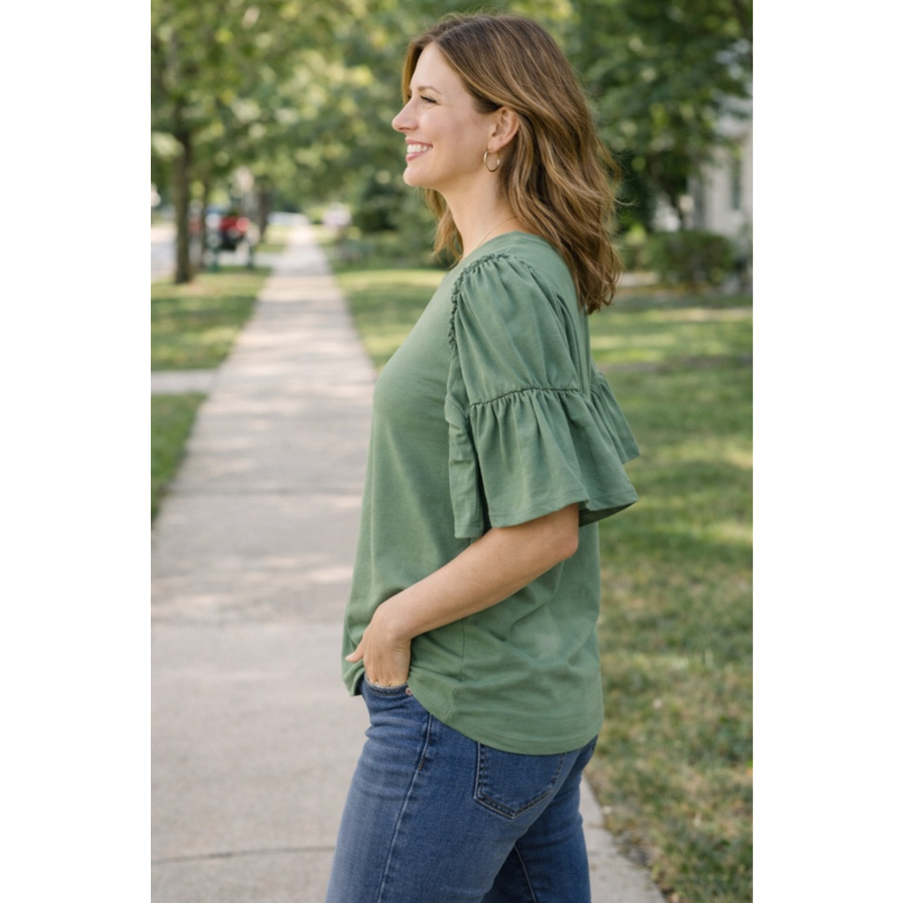 Chico's Sage Green Puff Sleeve Ruffle Top Size S (0) Casual Cottagecore Blouse - Picture 7 of 11